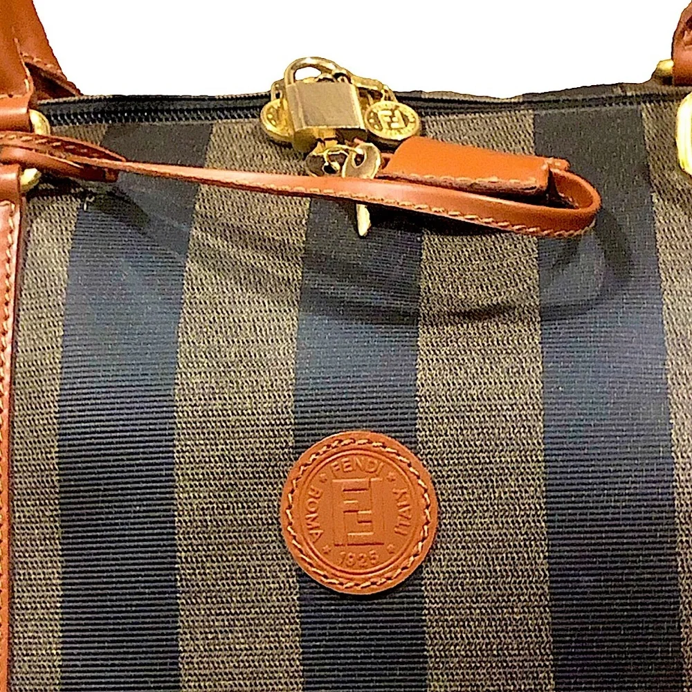 FENDI Pequin Pecan Striped Bandolier Boston Travel Bag w FENDI Shoulder Strap